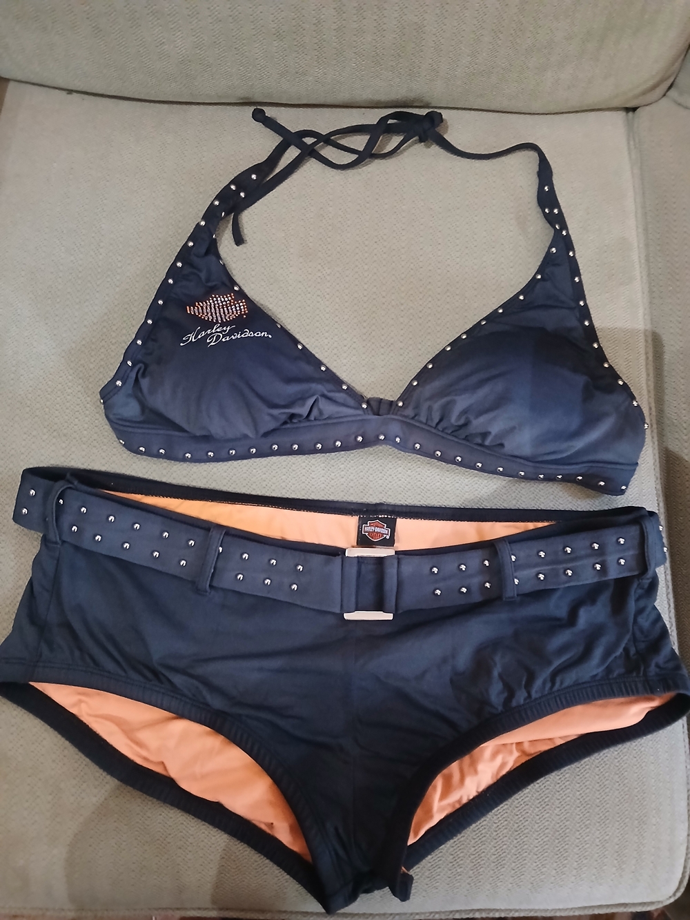 Harley-Davidson Women's Black Studded Bikini With Belted Boy Short Bottom Y2K